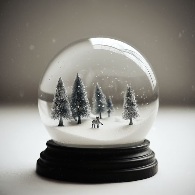 Delicate snow globe featuring a serene winter scene with snow-covered trees and a miniature deer. Ideal for holiday decorations, Christmas cards, winter-themed home decor, and festive backgrounds.