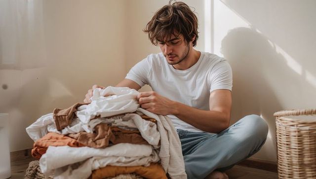 Young man folding laundry in sunlit minimal home corner, wicker hamper lifestyle