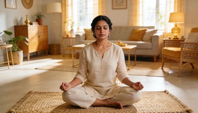 Meditating indian woman sitting cross-legged on woven rug in sunlit minimalist living room