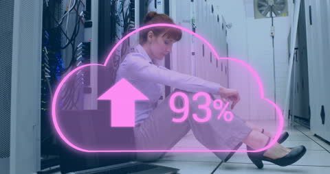Woman Monitoring Data Cloud Upload in Server Room