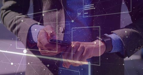 Professional Engaging with Smartphone in Futuristic Digital Environment