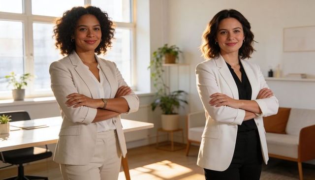 Confident businesswomen posing with crossed arms in sunlit office for leadership teamwork