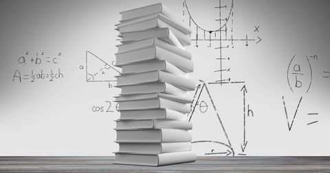 Stack of White Books with Floating Math Equations and Graphs