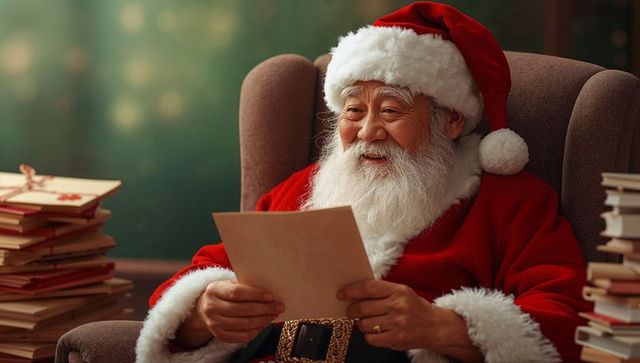 Joyful Santa Claus Reading Letters by Fireplace