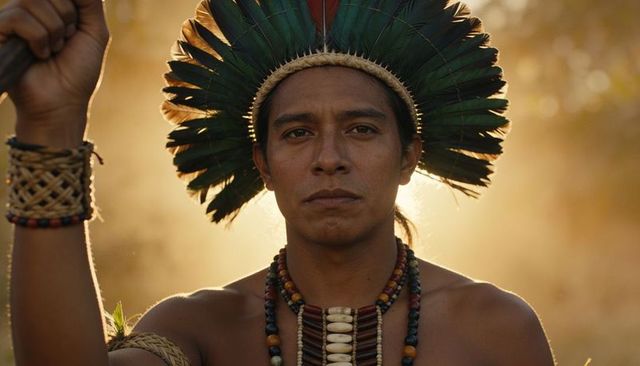 Indigenous man wearing feather headdress holding ceremonial staff at golden forest sunset