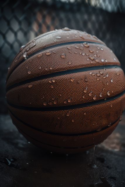 Wet basketball in basketball court surrounded by fence, created using generative ai technology. Basketball, sports and competition concept digitally generated image.