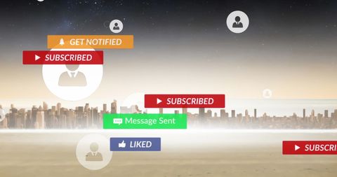 Social media notifications over city skyline background