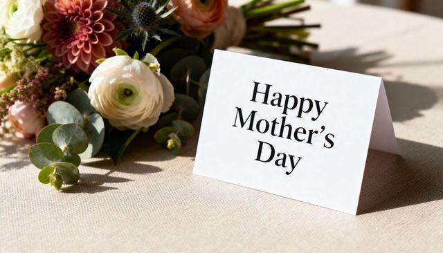 Happy mother's day card beside pastel bouquet on linen table for holiday marketing