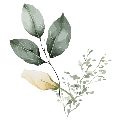 Transparent watercolor floral sprig with pale yellow bud and three green leaves cutout