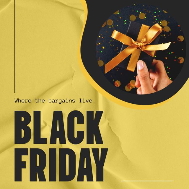Composite of black friday text and gift on yellow and black background. Black friday, online shopping, cyber sales and retail concept digitally generated image.