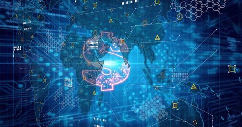 Neon Brain Icon on Futuristic Digital World Map Interface