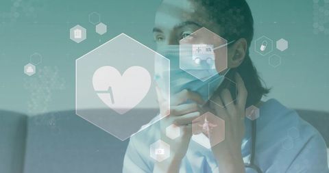 Female Doctor Adjusting Mask with Medical Icons Overlaying