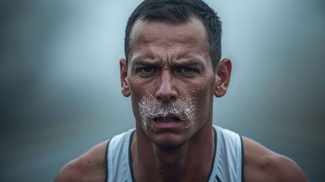Determined runner breathing heavily on foggy road closeup with dried sweat