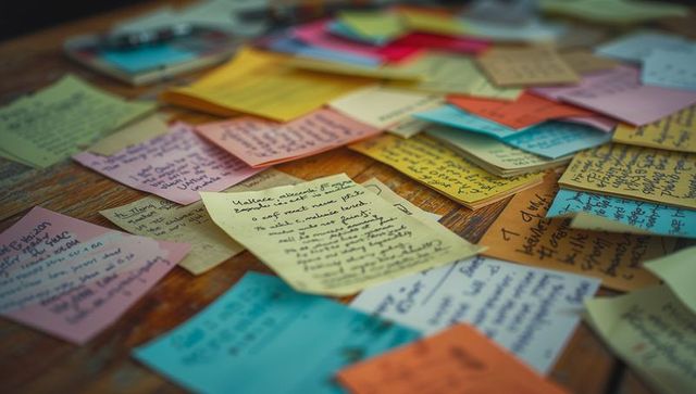 Colorful sticky notes on wooden table for creative brainstorming