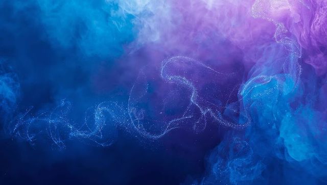 Sinuous Glitter Trail Drifting Through Blue Violet Nebula with Luminescent Particles