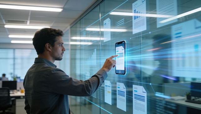 Businessman interacting with holographic smartphone and floating data dashboards on glass