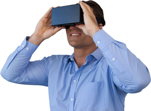 Smiling Businessman Exploring with Transparent VR Glasses - Download Free Stock Videos Pikwizard.com