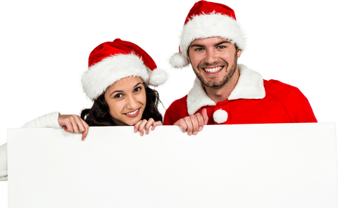 Cheerful Couple in Santa Costume Holding Blank Transparent Sign
