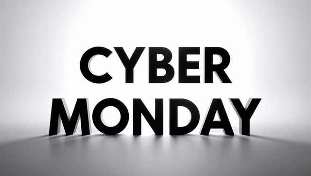 Bold 3d cyber monday typography on glossy floor with dramatic backlit shadows