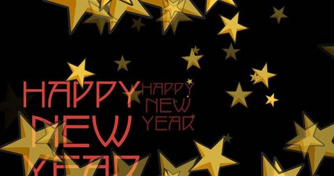Festive happy new year design with gold stars on black background and red typography