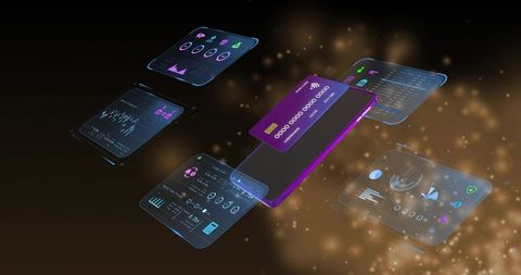 Floating purple smartphone showing holographic contactless card and analytics dashboards