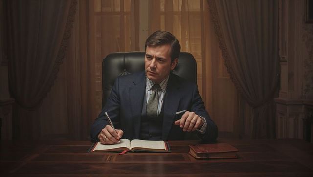 Executive working in luxury office pondering business decisions