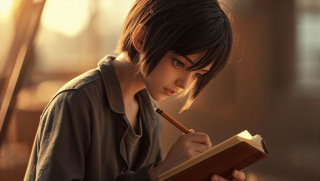 Young Student Introspectedly Writing in Leather Journal Near a Sunlit Window