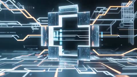 Futuristic Digital Interface with Glass Blocks on Neon Grid