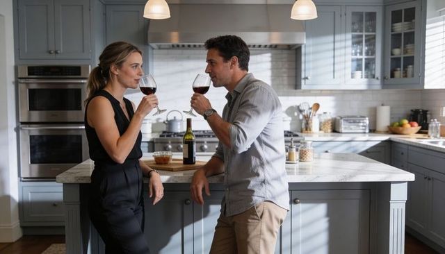 Couple sharing wine at modern marble kitchen island, enjoying cozy evening conversation