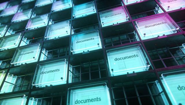 Glowing modular document archive wall with transparent trays and futuristic led lighting