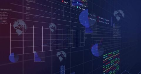 Neon Futuristic Financial Dashboard Displaying Global Market Data and Interactive Graphs