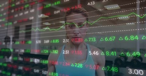 Female athlete merging strength training with stock market overlay, fitness finance