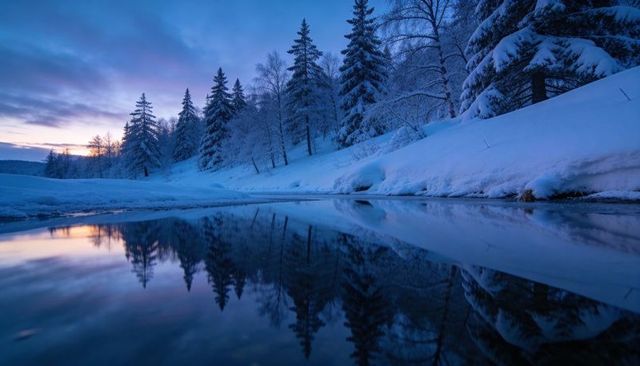 Snow-covered Riverbank Reflecting Twilight Forest, Mirror Water, Blue Winter Dawn