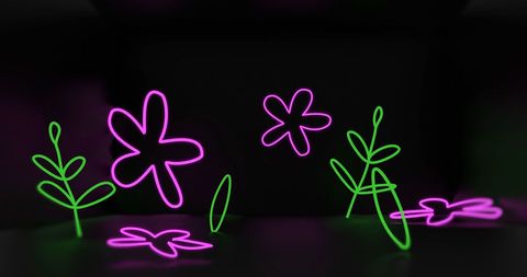 Glowing Neon Flowers with Leaves on Dark Background