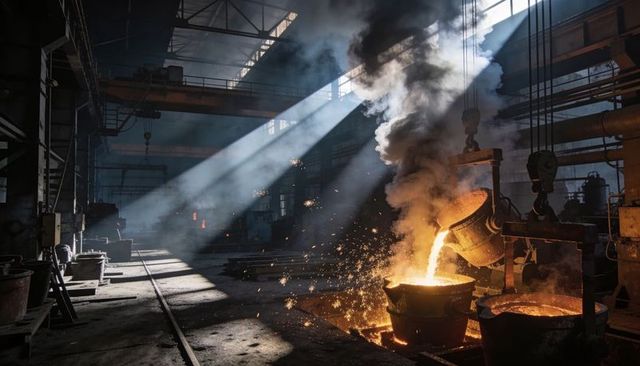 Pouring molten metal in industrial foundry with sparks, smoke and dramatic sunbeams