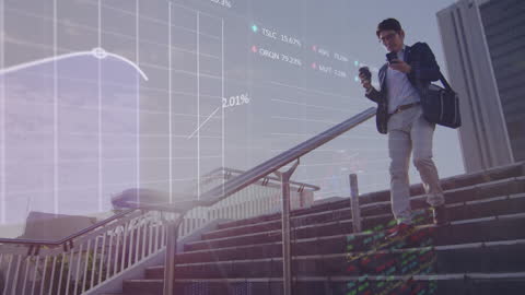 Digital Data Overlay on Businessman Using Phone Outdoors