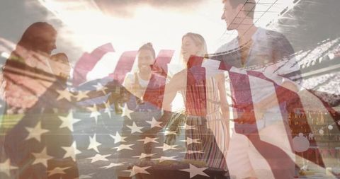 Joyful celebration with american flag at stadium gathering