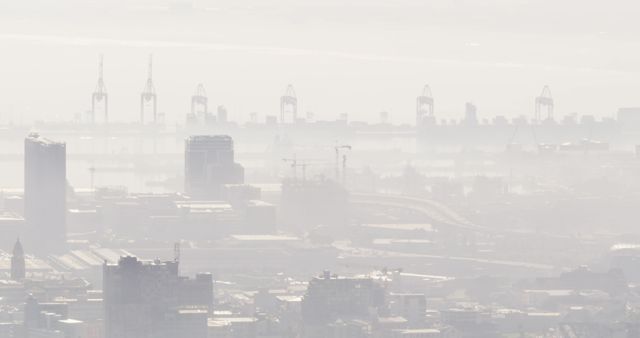General view of cityscape with multiple buildings and shipyard covered in fog. skyline and modern industrial urban architecture.