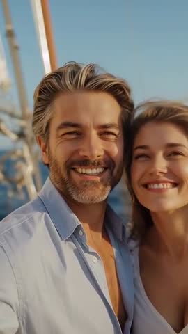 Couple Taking Selfie on Sailboat at Sea Smiling Close Up Sunlit Romantic Vertical Video