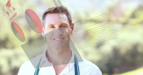 Smiling Professional with Futuristic 3D Data Visualization Outdoors