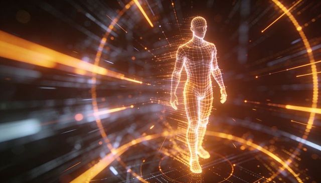 Striding wireframe humanoid through glowing neon virtual tunnel with hologram sparks