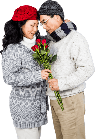 Elderly Couple Embracing with Bouquet on Transparent Background
