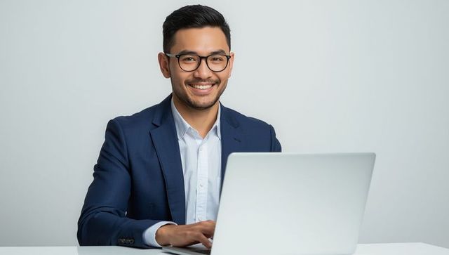 Professional Man in Navy Blazer Working on Laptop Modern Office Setup
