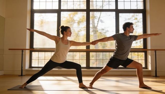 Couple practicing partner yoga warrior ii in sunlit studio for balance and wellness