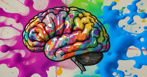 Colorful Brain with Vibrant Paint Bursts Issuing from Canvas