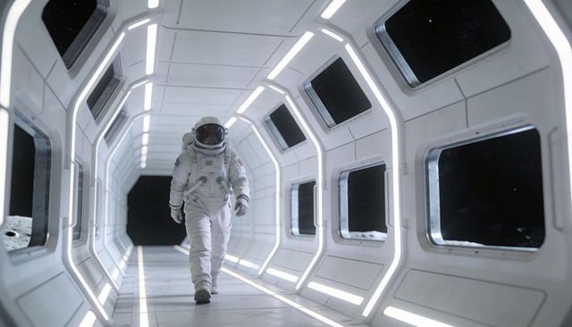 Lone astronaut walking down futuristic led-lit spacecraft corridor with life support pack