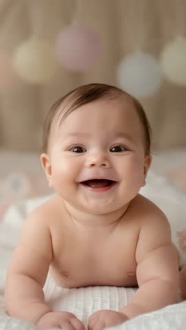 Smiling Baby Tummy Time Vertical Video Showing Joyful Infant Pushing Up in Pastel Nursery