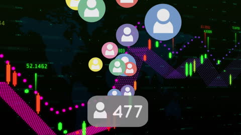 Social Media Icons Overlaying Financial Data Trends on Dark Background