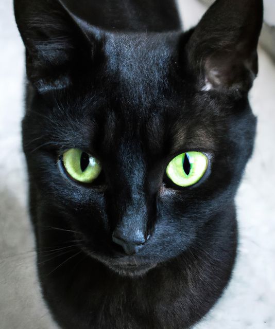 Black cat with striking green eyes gazing intently. Suitable for pet adoption advertisements, animal care articles, and websites or blogs about cats. Ideal for conveying themes of alertness, curiosity, and serenity in various media forms.