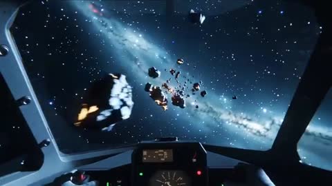 Pilot navigating cockpit through dense asteroid field with glowing debris and Milky Way backdrop